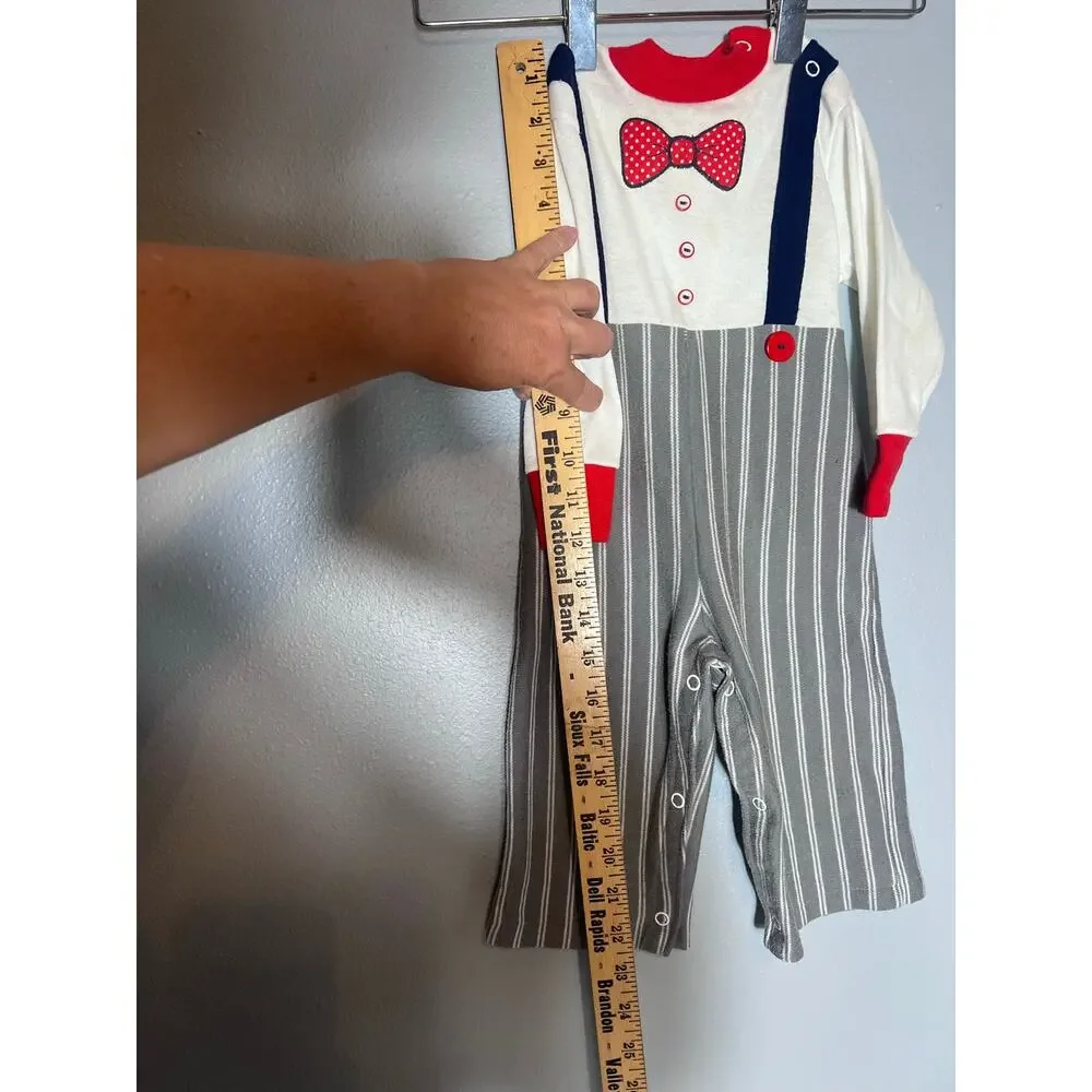 Doe Spun Vintage Baby One Piece 18 Months Stripe Pant Bow Tie Buttons Suspenders